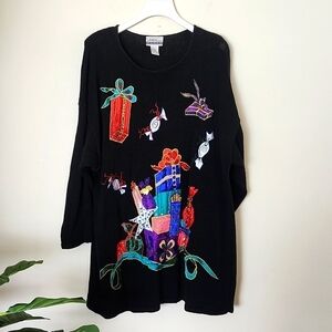 Vintage Linda Karan embroidered beaded present sweater, OS, christmas, cotton